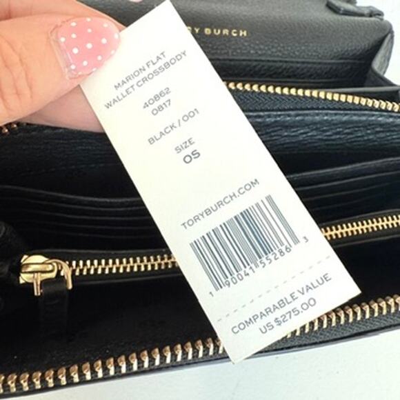 TORY BURCH Marion Flat Wallet Crossbody Bag Black Leather Gold Hardware - Picture 8 of 12